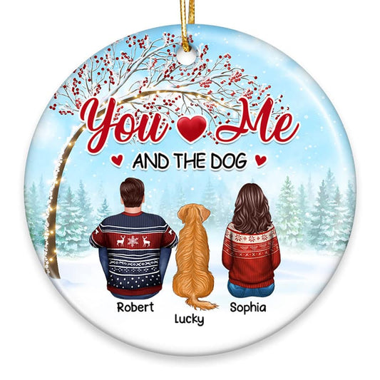 Back View Couple Sitting With Dogs Under Berry Tree Personalized Circle Ornament