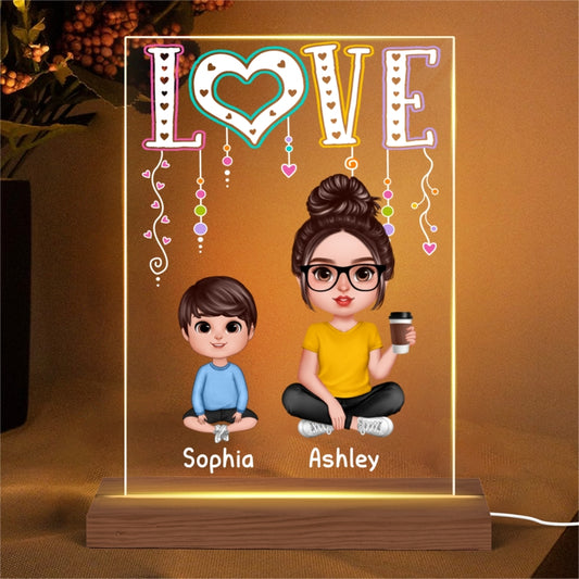 Realistic Doll Grandma Mom And Kids Sitting LOVE Personalized Rectangle Acrylic Plaque LED Night Light