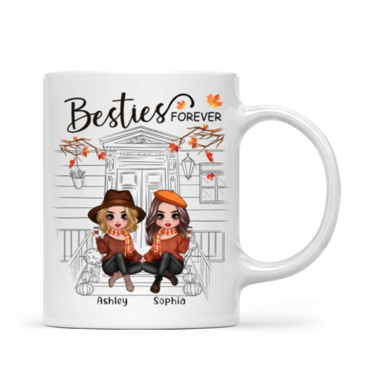 Besties Sisters Fall Season Front Porch Sketch Personalized Mug