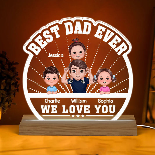 Best Dad Ever Piggyback Doll Dad & Kids Personalized Custom Shaped Acrylic Plaque With Warm LED Night Light
