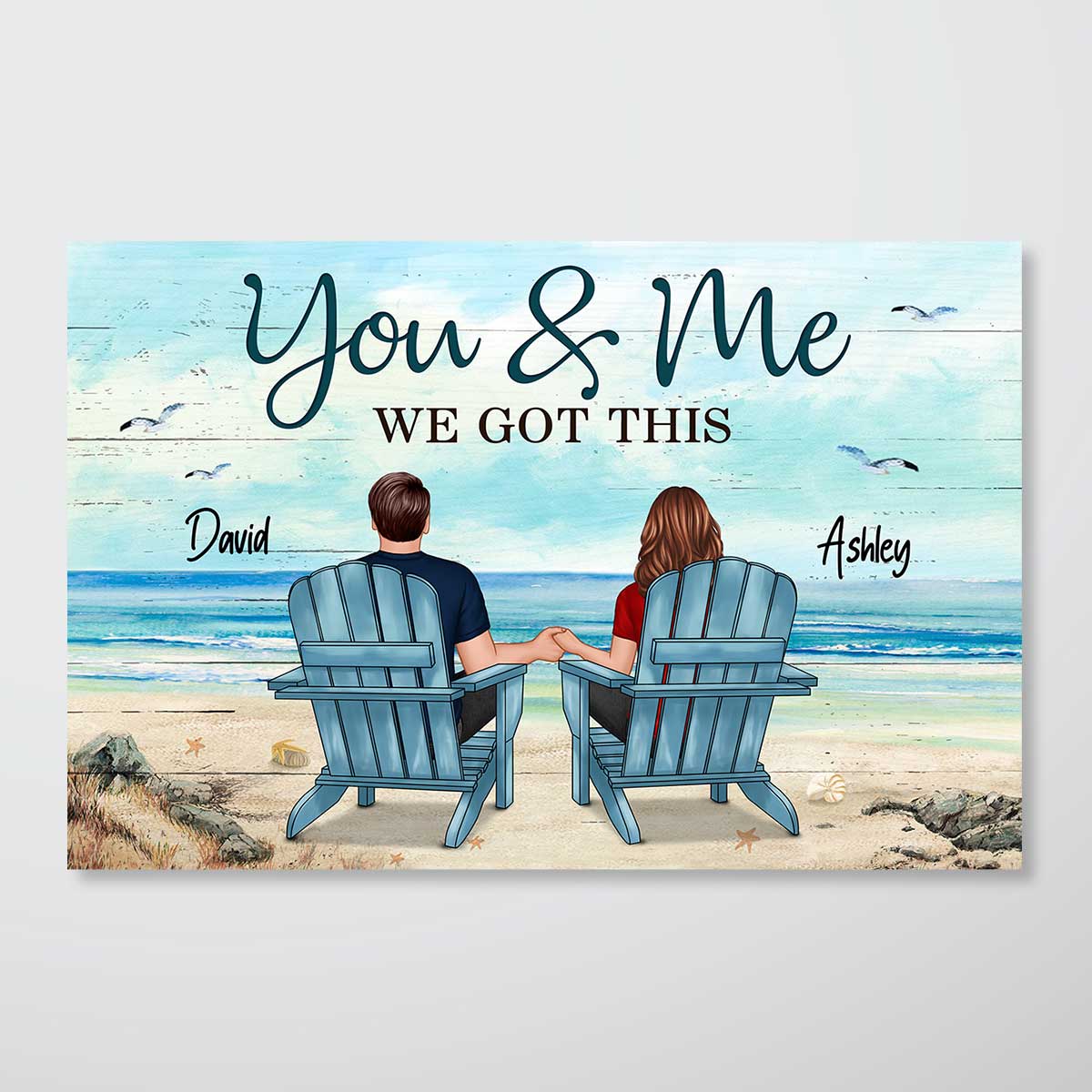 Back View Couple Sitting Beach Landscape Personalized Horizontal Poster