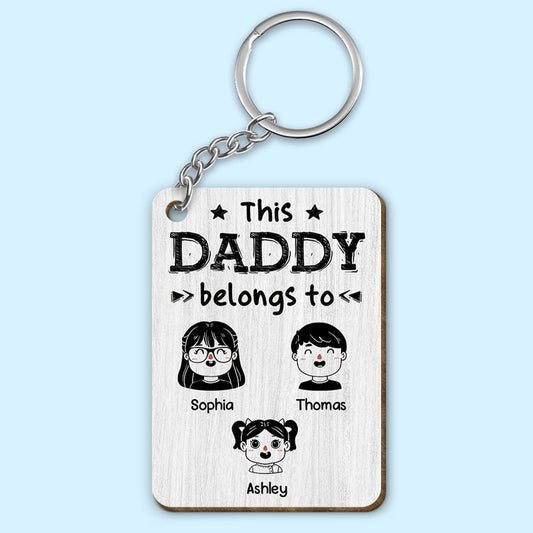 This Dad Grandpa Belongs To Kids Portrait Cartoon Personalized Wooden Keychain