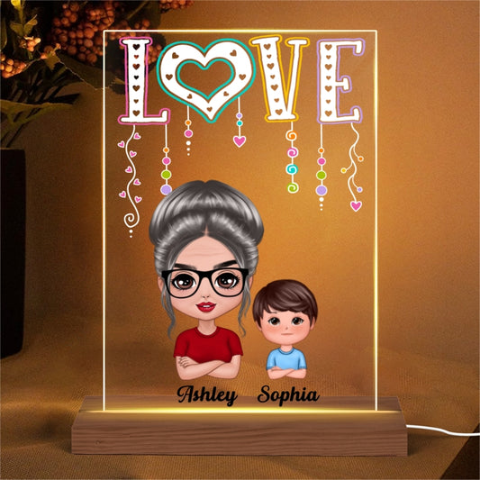 Doll Grandma Mom And Kids LOVE Happy Doll Grandma Mom With Kids Personalized Rectangle Acrylic Plaque LED Night Light