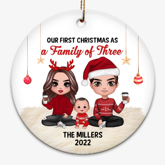 First Christmas As Family Doll Personalized Circle Ornament
