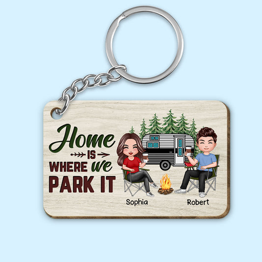 Home Is Where We Park It Couple Camping Personalized Wooden Keychain