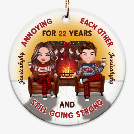Couple Sitting On Chair Cozy Fireplace Personalized Circle Ornament