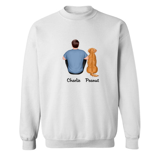 Back View Man Sitting With Dogs