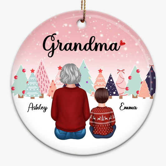 Grandma And Grandkids Patterned Christmas Tree Personalized Circle Ornament