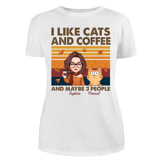 Like Cats Coffee & 3 People Fall Season Cat Mom Personalized Shirt