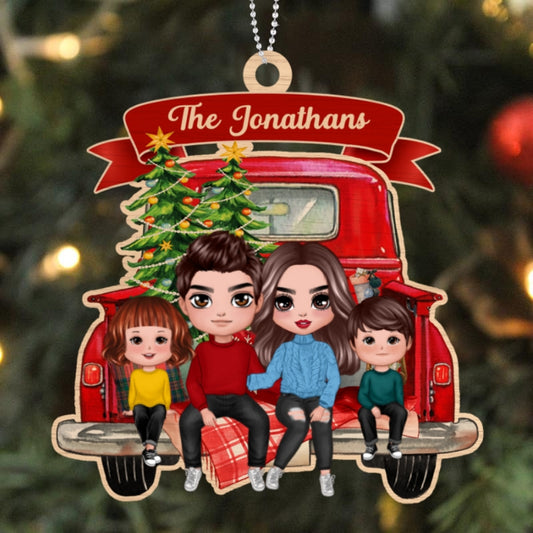 Family Couple On Christmas Truck Personalized Wooden Ornament