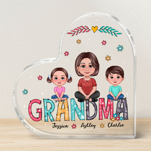 Pretty Doll Grandma And Kids Sitting On Colorful Text Personalized Heart Acrylic Plaque