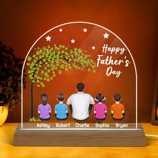 Happy Father‘s Day Dad And Kids Sitting Under Tree Personalized Custom Shape Warm LED Night Light