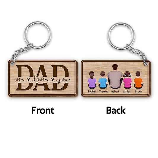 Best Dad Ever Back View Sitting Man Kids Dog Cat Border Personalized Wooden Keychain