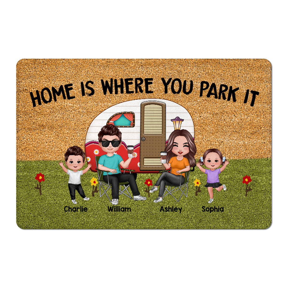 Beautiful Whole Family Doll Camping Couple Dad Mom Kids Dogs Cats Personalized Doormat