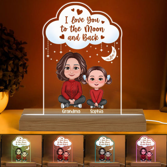 Doll Grandma Hugging Kid I Love You To The Moon And Back Gift For Granddaughter Grandson Personalized Custom Shape Acrylic Plaque LED Night Light