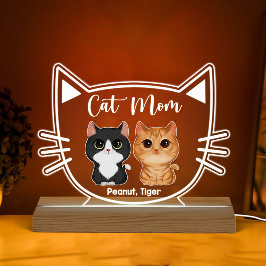 Cat Mom Watercolor Cute Cats Cat Face Personalized Custom Shape Acrylic Plaque Warm LED Night Light