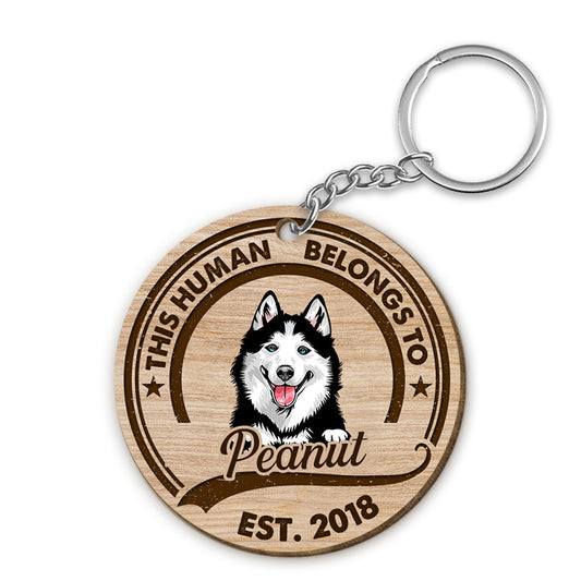 This Human Belongs To Peeking Dogs Personalized Wooden Keychain