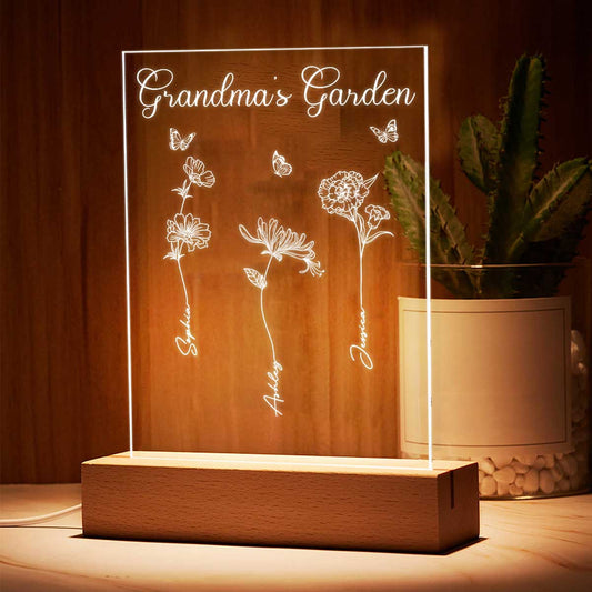 Grandma Mom Garden Birth Month Flowers Personalized Plaque LED Night Light