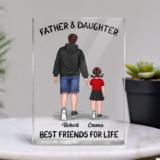 Dad And Kids Daughter Son Walking Best Friends Forever Personalized Vertical Rectangle Acrylic Block Plaque