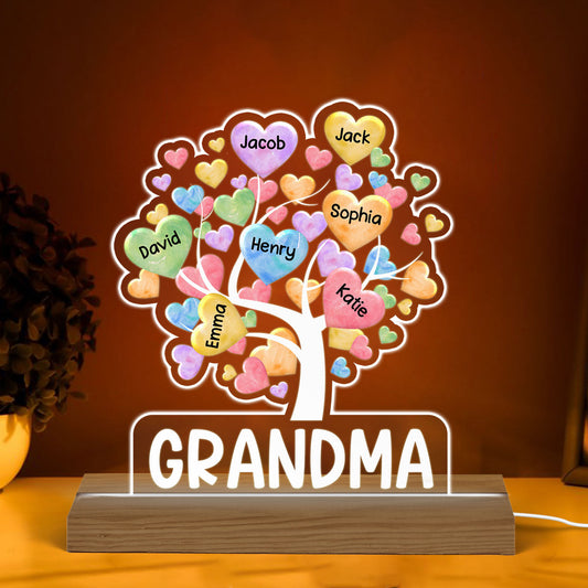 Colorful Heart Tree Grandma Grandkids Name Personalized Custom Shaped Acrylic Plaque With Warm LED Night Light