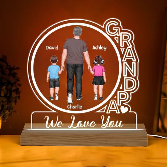 Grandpa We Love You Back View Walking Man & Kids Personalized Custom Shape Acrylic Plaque With Warm LED Night Light