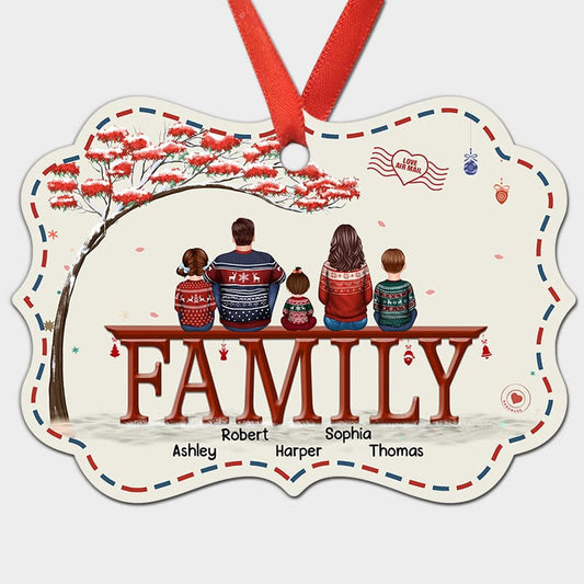 Family Dad Mom Kids Dogs Cats Under Red Tree Personalized Christmas Ornament