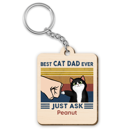 Best Cat Dad Fluffy Cat Personalized Wooden Keychain