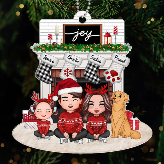 Whole Happy Face Family Dad Mom Kids Dogs Cats Sitting Crossed Legs At Christmas Fireplace Personalized Acrylic Ornament