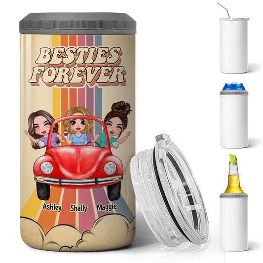Besties Sisters On Car Colorful Stripe Personalized 4 In 1 Can Cooler