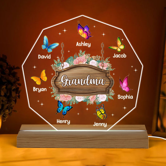 Grandma Butterfly Flowers Personalized Warm Acrylic Custom Shape LED Night Light
