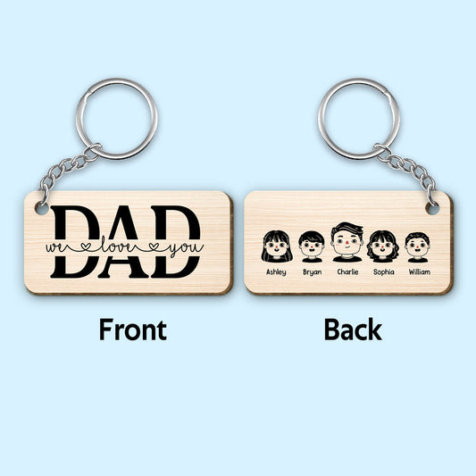 Best Dad Ever Portrait Cartoon Dad & Kids Personalized Wooden Keychain