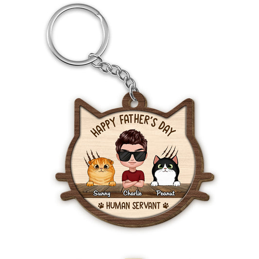 Happy Father‘s Day Human Servant Cat Face Shaped Personalized Wooden Keychain