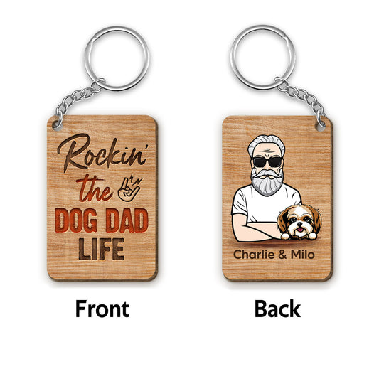 Rockin‘ Dog Dad Life Personalized Wooden Keychain