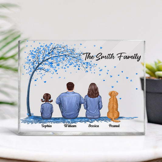 Denim Jacket Family Sitting Under Blue Tree Personalized Rectangle Acrylic Block Plaque