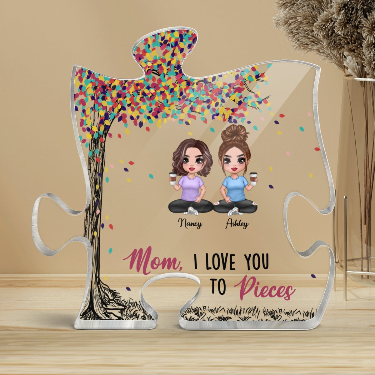 Doll Besties Sitting Under Colorful Tree We Love You To Pieces Personalized Puzzle Acrylic Plaque