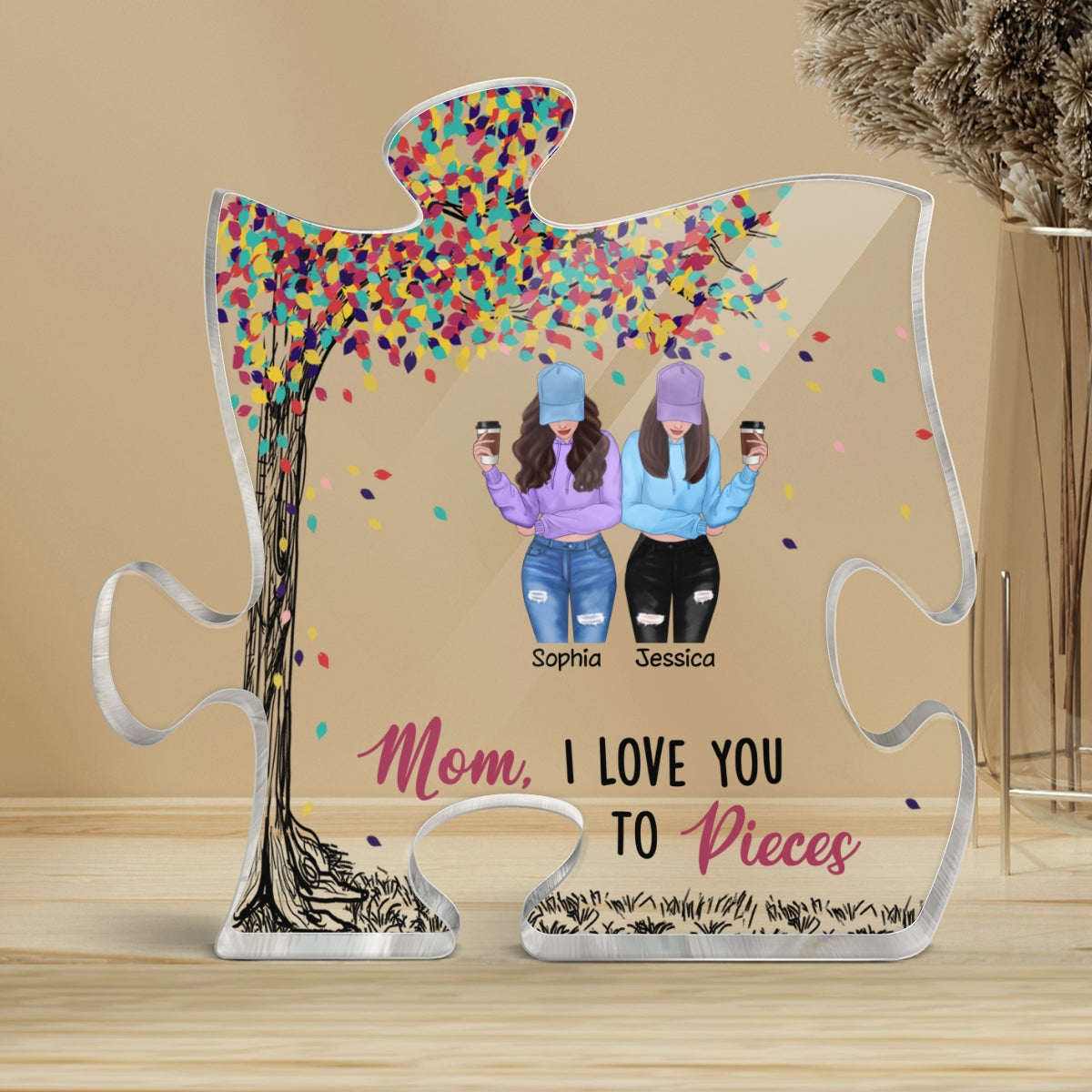 Front View Besties Under Colorful Tree We Love You To Pieces Personalized Puzzle Acrylic Plaque