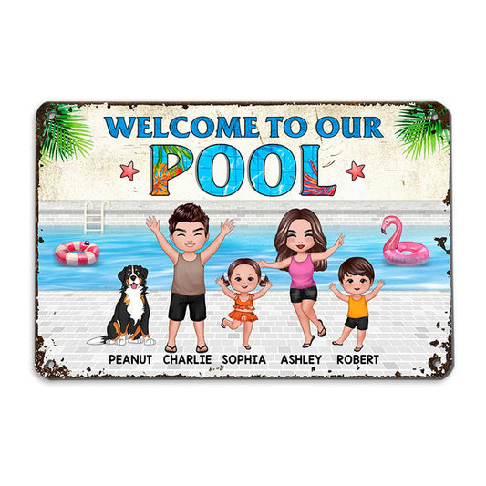 Summer Welcome To Our Pool Whole Family Doll Couple Dad Mom Kids Dogs Cats Personalized Metal Sign