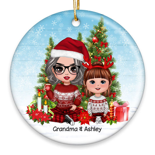Grandma Sitting With Grandkids Christmas Tree Personalized Circle Ornament