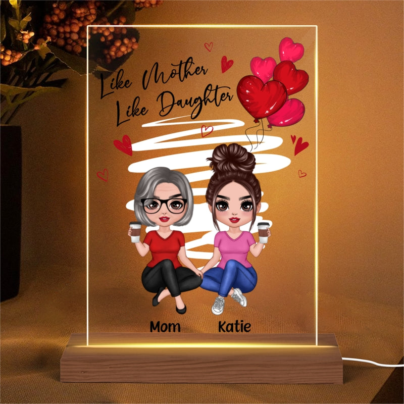 Doll Women Sitting Crossed Legs Red Hearts Like Mother Like Daughters Gift For Mom Daughters Personalized Rectangle Acrylic Plaque LED Night Light_Dang Thi Hoa