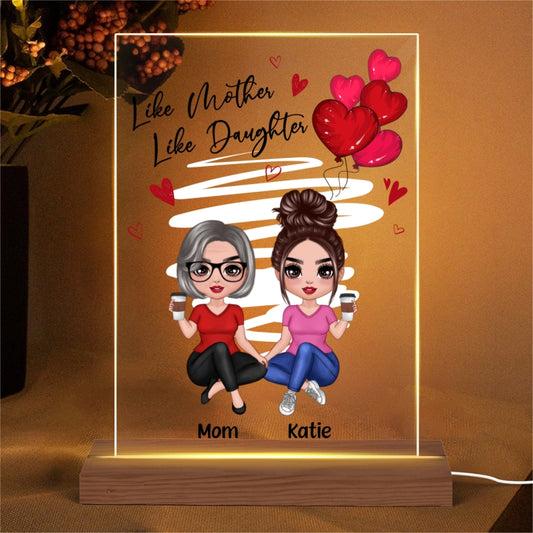Doll Women Sitting Crossed Legs Red Hearts Like Mother Like Daughters Gift For Mom Daughters Personalized Rectangle Acrylic Plaque LED Night Light_Dang Thi Hoa