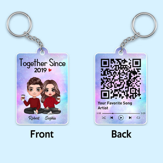 Doll Couple Sitting Together Since Favorite Song Scannable QR Code Personalized Acrylic Keychain