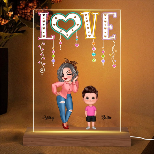Pretty Grandma Mom With Kids LOVE Happy Doll Grandma Mom With Kids Personalized Rectangle Acrylic Plaque LED Night Light