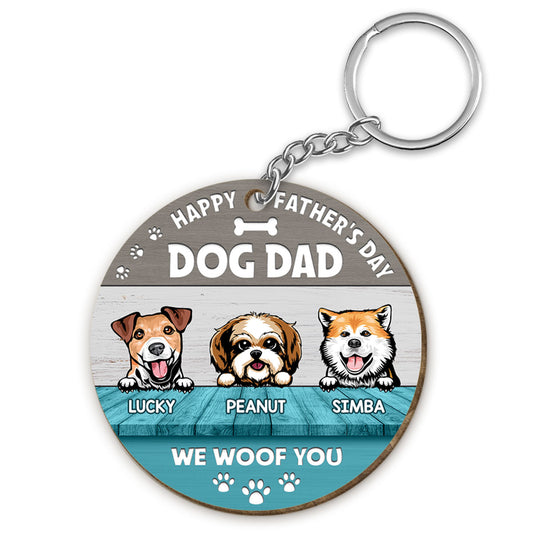 Happy Father‘s Day Dog Dad Dogs On Table Personalized Wooden Keychain