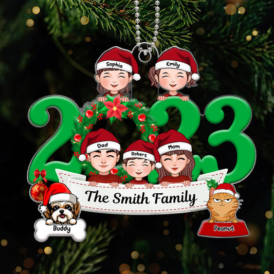 Family And Dogs Cats Peeking 2023 Personalized Acrylic Ornament