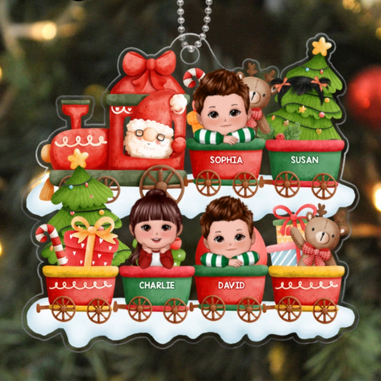 Cute Kids Peeking On Christmas Train Personalized Acrylic Ornament