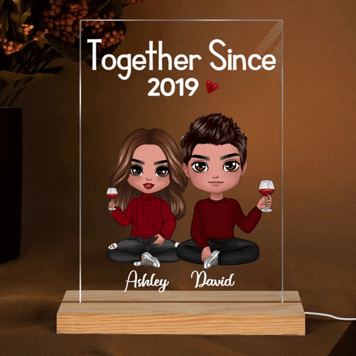 Doll Couple Sitting Gift For Him Gift For Her Personalized Rectangle Acrylic Plaque LED Lamp Night Light